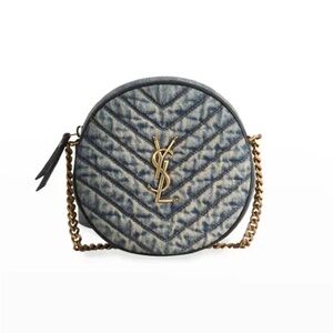 Yves Saint Laurent Denim Quilted Round Bag with Gold Chain